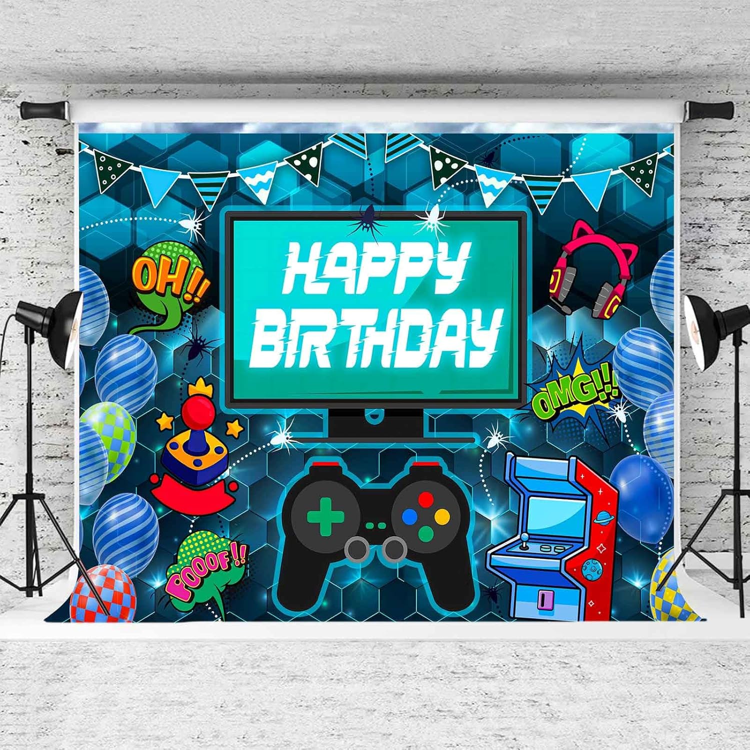 Video Game Happy Birthday Backdrop, Game on Photography Background Game Backdrops Level up Gaming Theme Party Decorations Kids Birthday Party Supplies Photo Studio Props (Blue, 7x5ft)