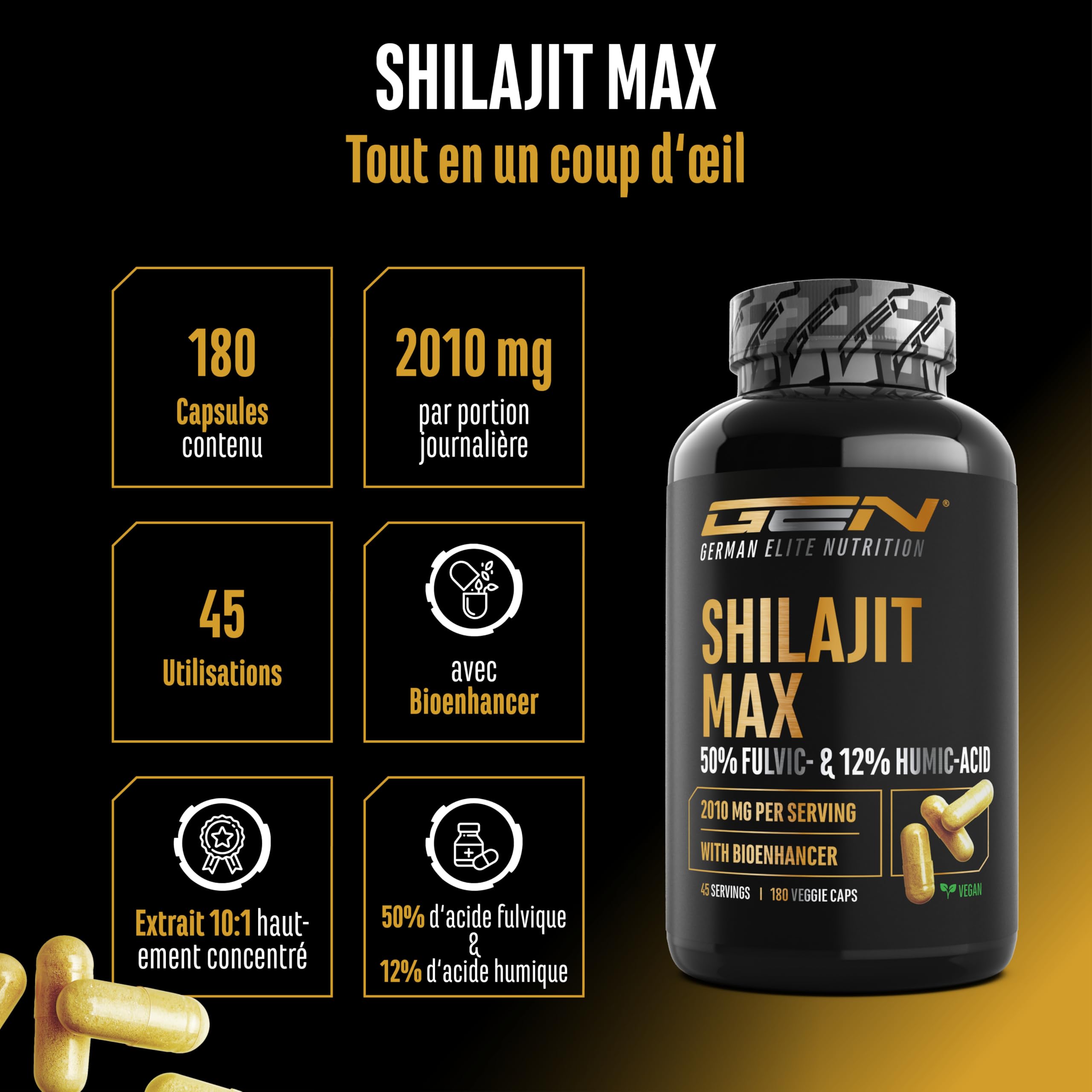 Mumijo Shilajit Max - 180 capsules à Haut Dosage avec 2000 mg par Dose Journalière - Extrait Original 10:1 avec 50% d’Acide Fulvique + 12% d’Acide Humique + Bioenhancer - sans Additifs Inutiles, Végan