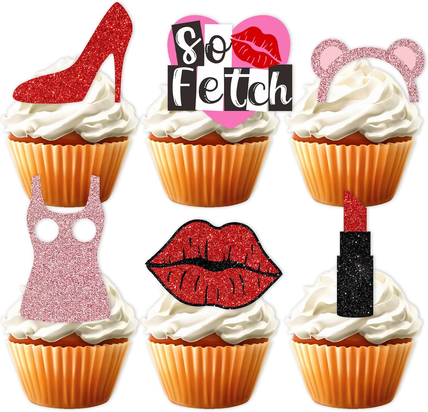 Pink Red Glitter Heel Lipstick Dessert Cupcake Topper for
