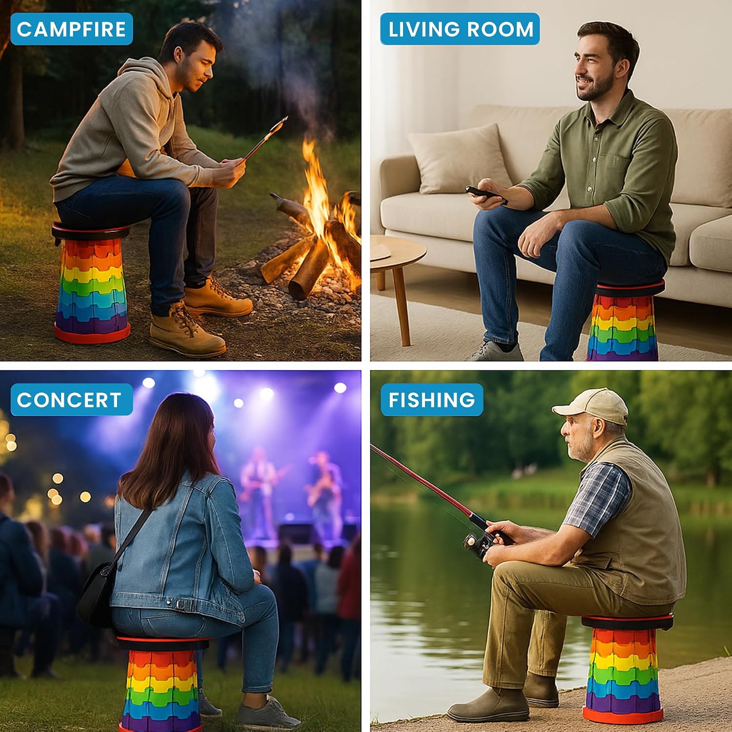 Collapsible Stool | Folding Chair with 400lbs Load | Portable Telescopic Stool | 12 Height Levels | Non-Slip | Carry Strap | Camping, Fishing, Hiking, Gifts (1, Rainbow, Standard)