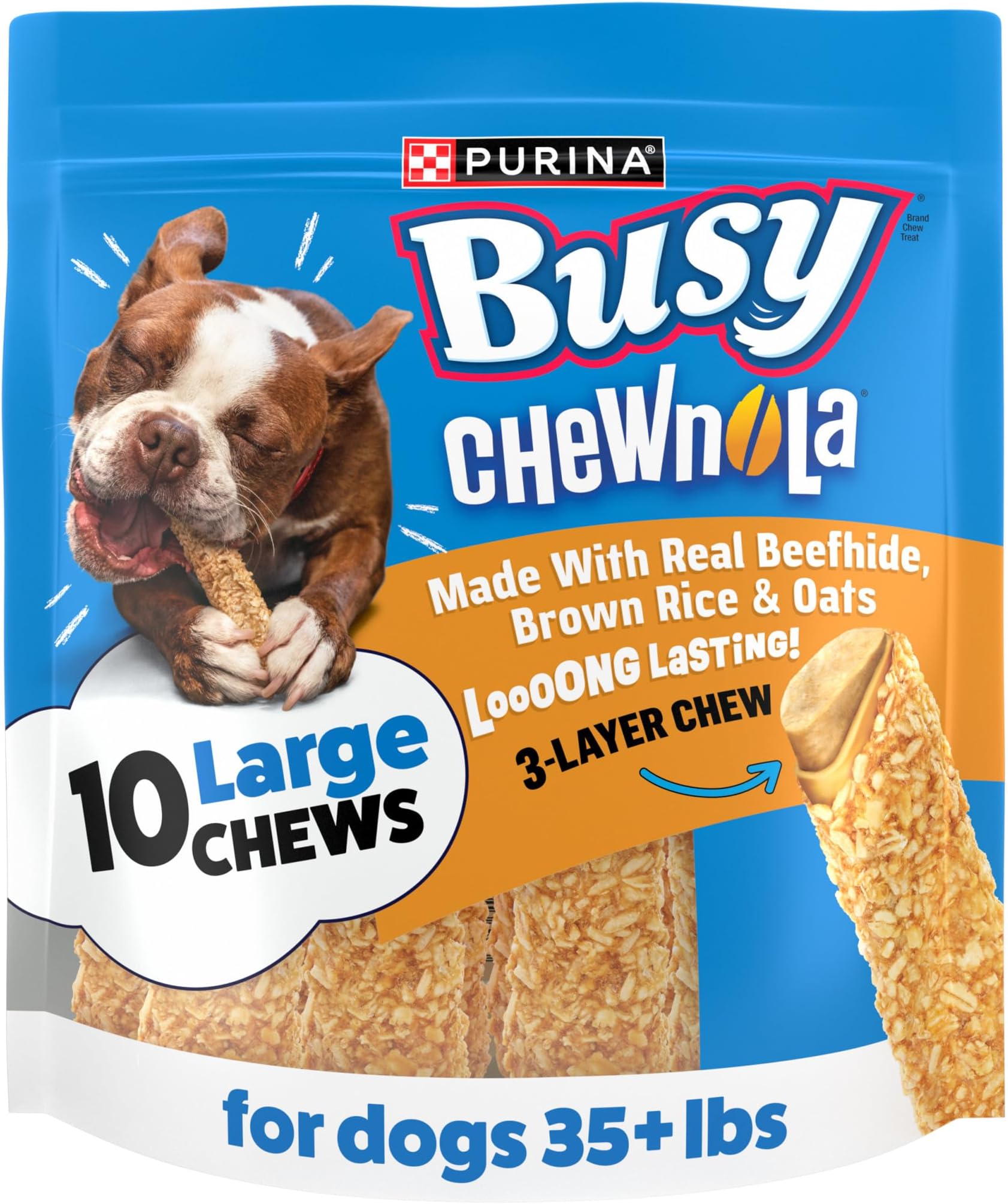 Chewnola Small/Medium Dog Bones, Oats & Brown Rice, 10 ct Pouch | Three-layer dog treat made with wholesome grains and a real beefhide center, long-lasting chew that helps clean teeth