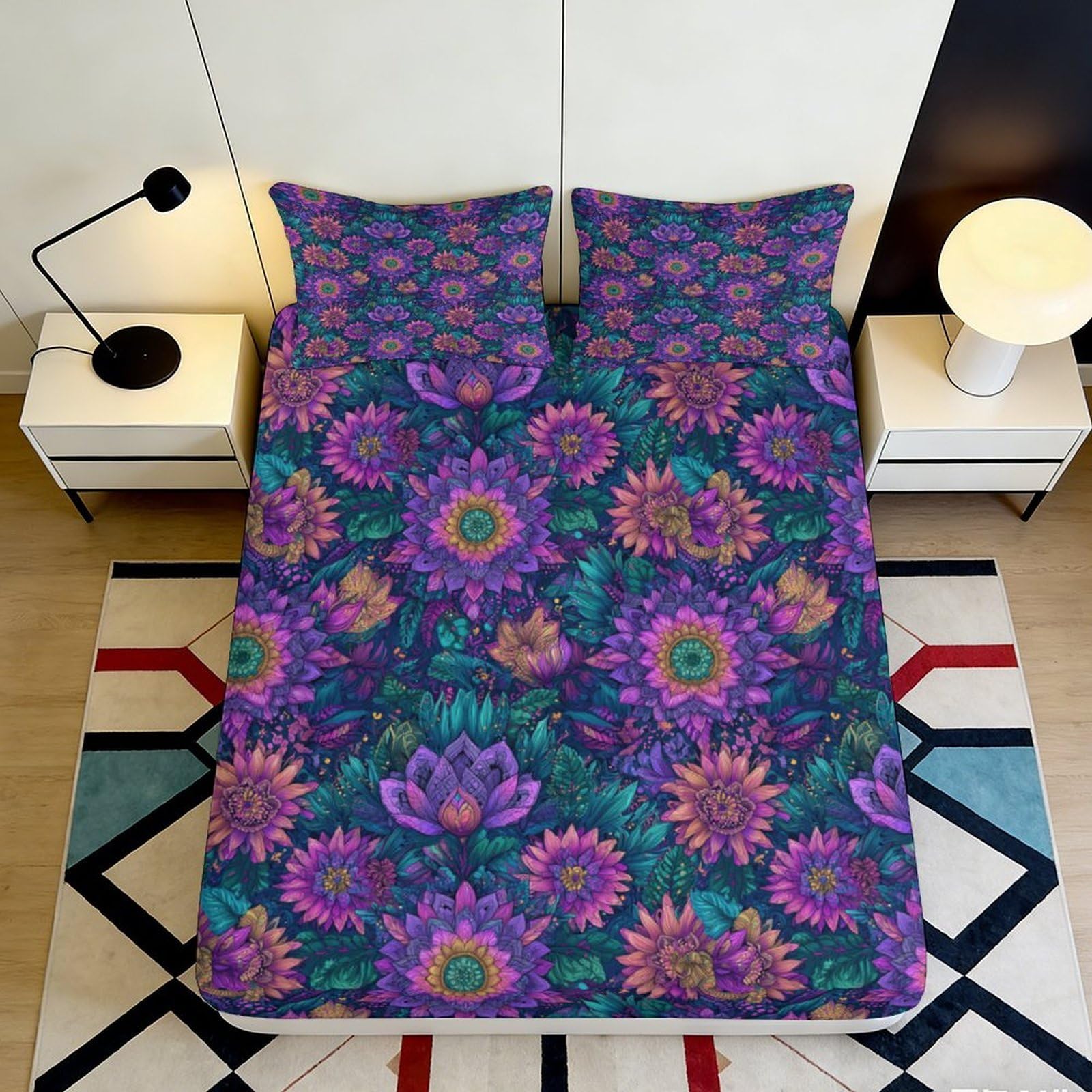 3D Printed Purple Floral Fitted Sheet Microfiber Soft Lotus Blossoms Mattress Cover for Bedroom Dorm Decor 200x200x25cm
