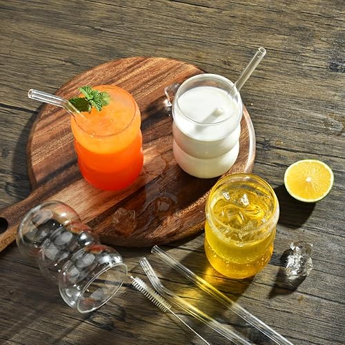 Miniatura 3 de ALINK Juego de 4 vasos grandes de vidrio acanalado de 16 onzas con pajitas, vasos de café helado, vasos de cóctel para cerveza, whisky, refrescos,