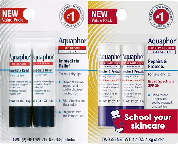 Aquaphor Lip Balm Set with Jojoba Oil and Shea Butter, Lip Repair Stick (2 x 0.17 Oz) + Repair Stick with Sunscreen SPF 30 (2 x 0.17 Oz), Fragrance Free, Paraben Free, Immediately Relieves Dryness
