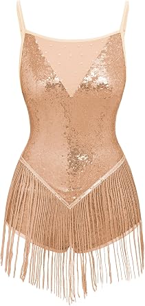 IBAKOM Women Fringe Sequins Bodysuit Latin Jazz Dance Dress Sparkly Tassel Rave Outfits Acrobat Circus Hip Hop Dance Costume