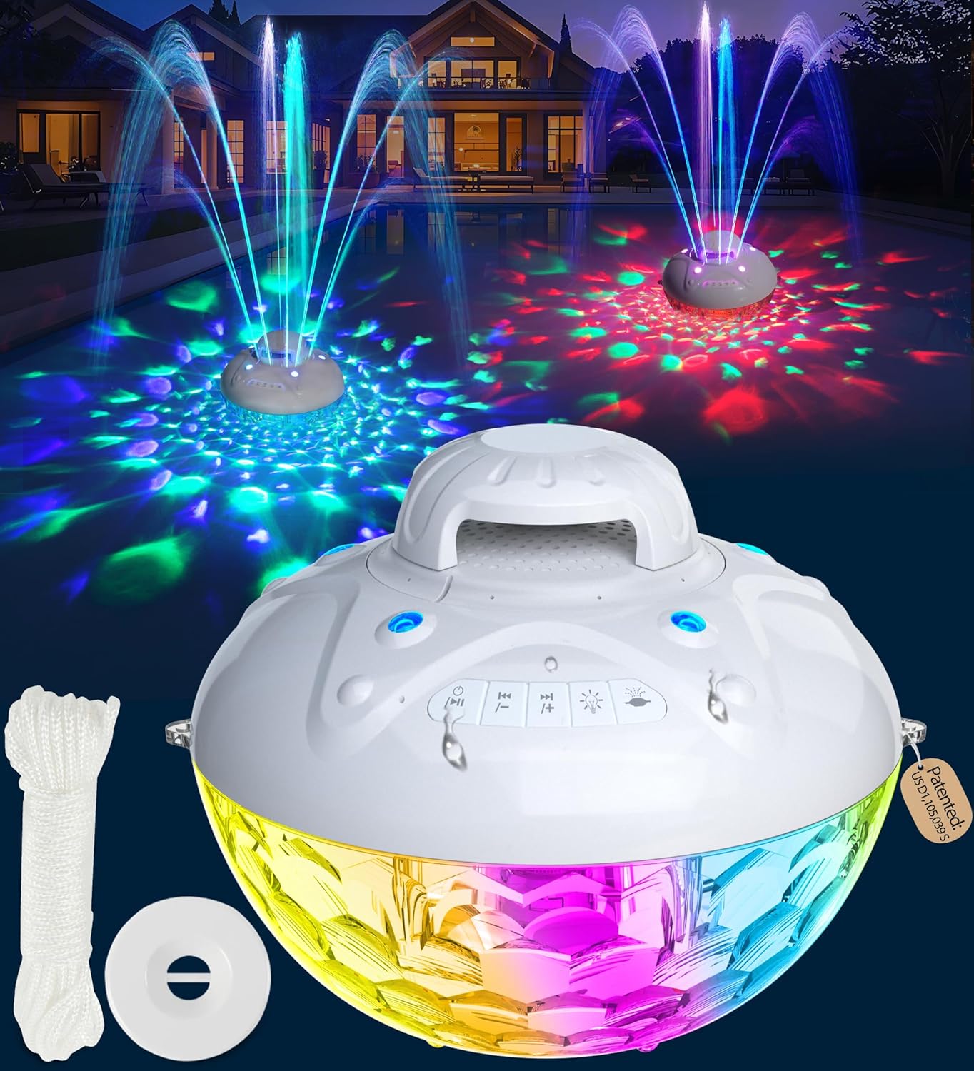 KingSom 3 in 1 Bluetooth Pool Speaker with Pool Fountain Light, Floating Pool Speaker for Pool, IP68 Waterproof Hot Tub Speakers, Loud Sound, BT5.4,24H Playtime Pool Water Fountain, White