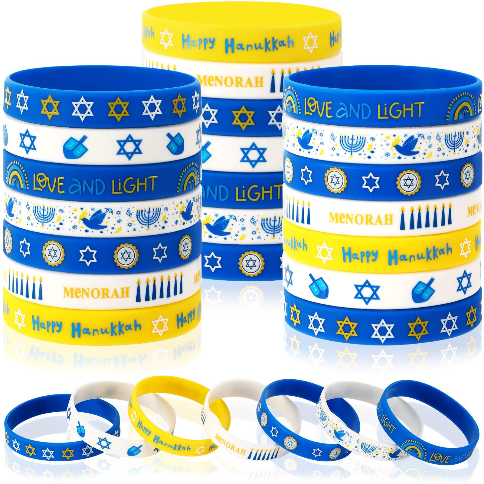 JUNEBRUSHS 42Pcs Hanukkah Party Favors Silicone Bracelets Rubber Chanukkah Wristbands Supplies for Adults Hanukkah Decorations Accessories Goodie