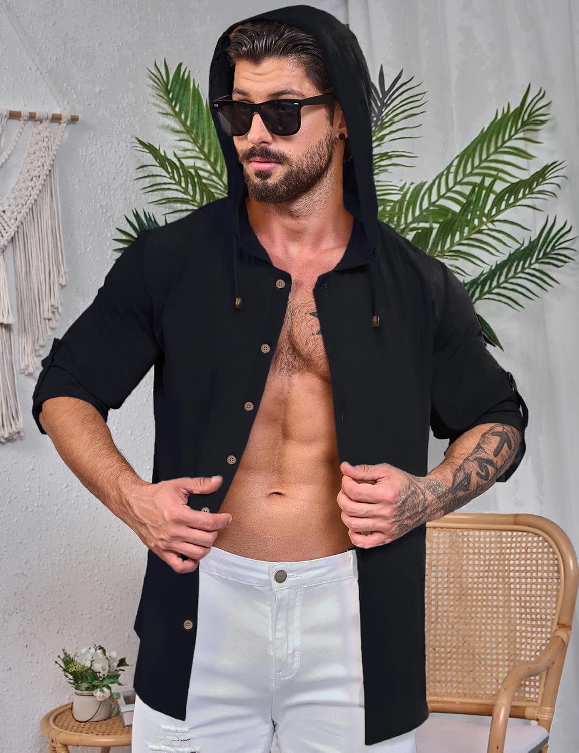 Mens Linen Shirts Casual Button Down Shirts Long Sleeve Roll-Up Sleeve Summer Beach... - Image 3