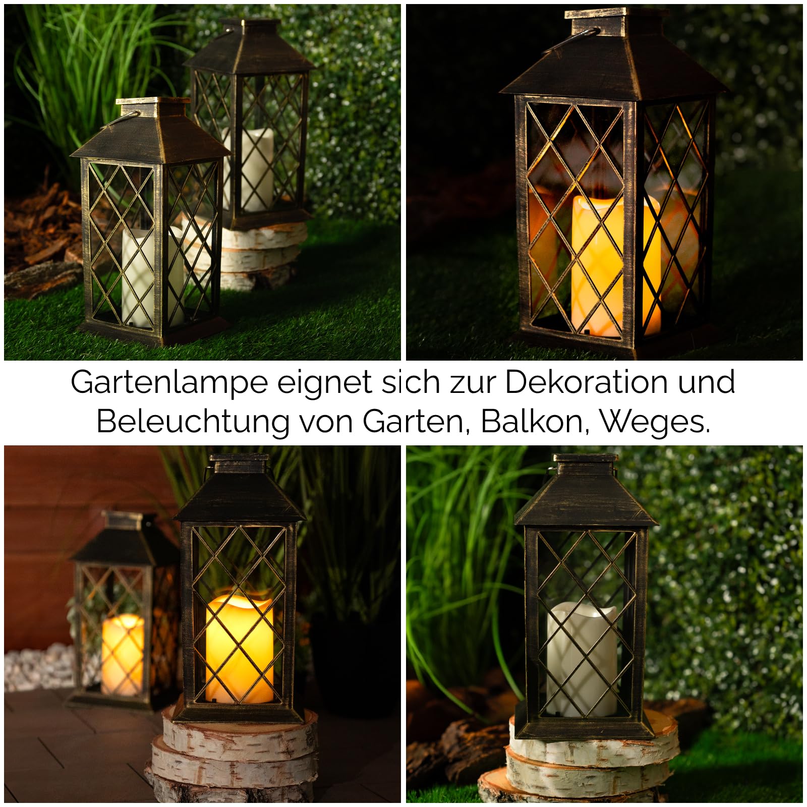 LUMILED 4x Set Solarlaterne Außen Solar Laternen Draußen LED Glas Laterne Solarleuchte Kerze Flammeneffekte Kerzenlaterne IP44 Vintage Patina Hängend Dekorative Außenleuchte Gartenlampe