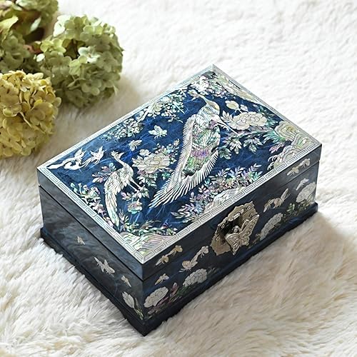 Miniatura 6 de MADDesign Mother of Pearl Joyero Bandeja Anillo Tapa Espejo 2 Nivel Pavo Real Azul