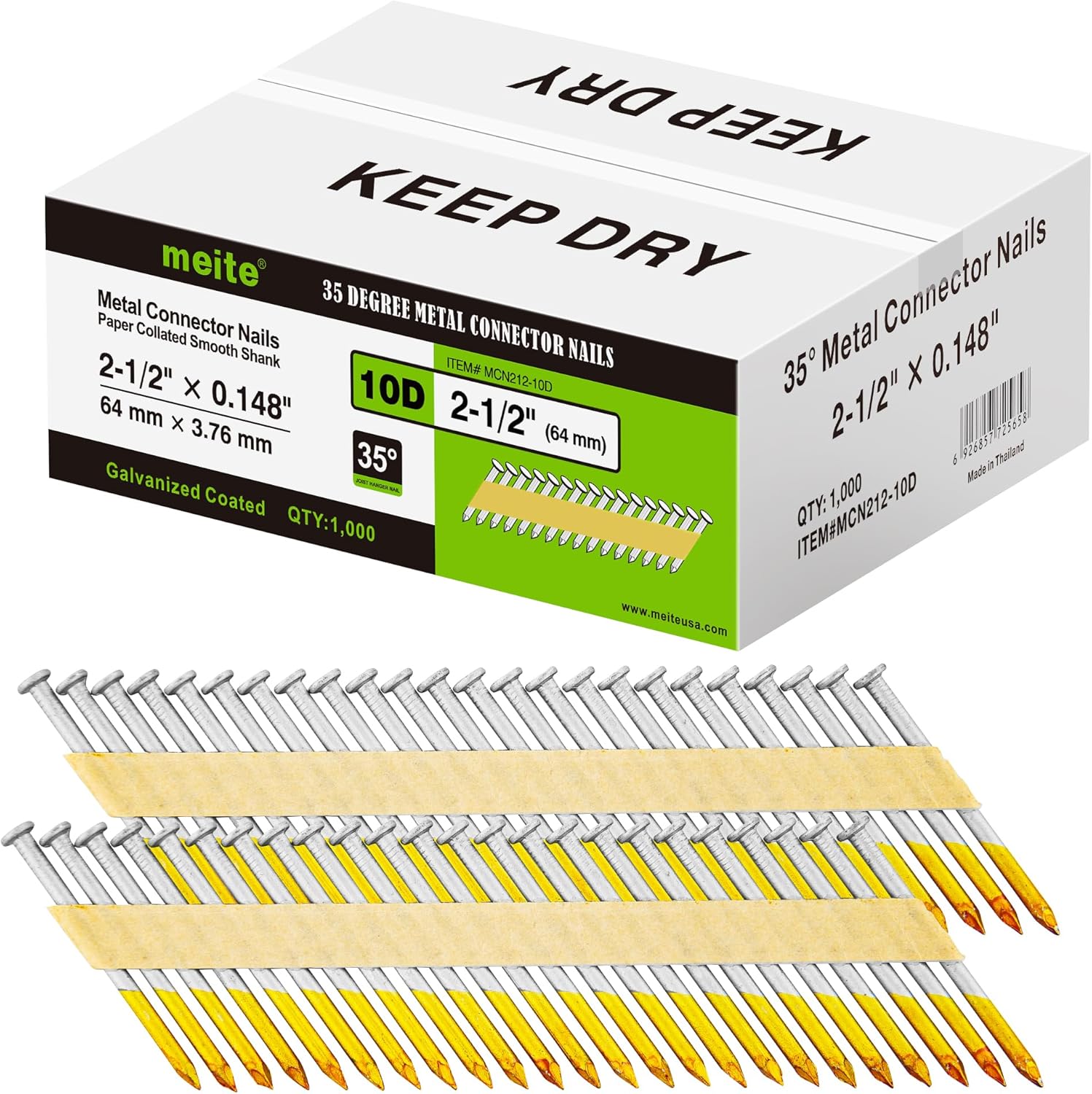 meite Metal Connector Nails, 2-1/2 Inch x .148 Inch Joist Hanger Nails, 35 Degree, Galvanized, Paper Tape Collated, Smooth Shank Framing Nails for Metal Connector Nailer (1,000 Counts)