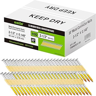 meite Metal Connector Nails 2-1/2 Inch x .148 Inch Joist Hanger Nails, Galvanized Paper Tape Collated Framing Nails for 34-36 Degree Strap-Tite Nailer, Smooth Shank Timber Framing Connectors 1,000PCS