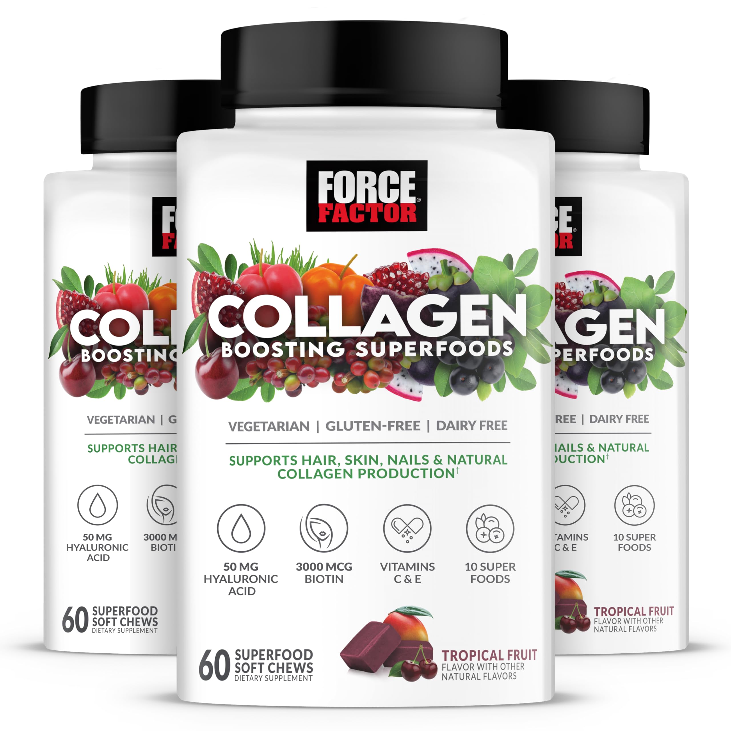 Force Factor Collagen Boosting Superfoods, Vegan Collagen Booster for Women 3 Pack Soft Chews