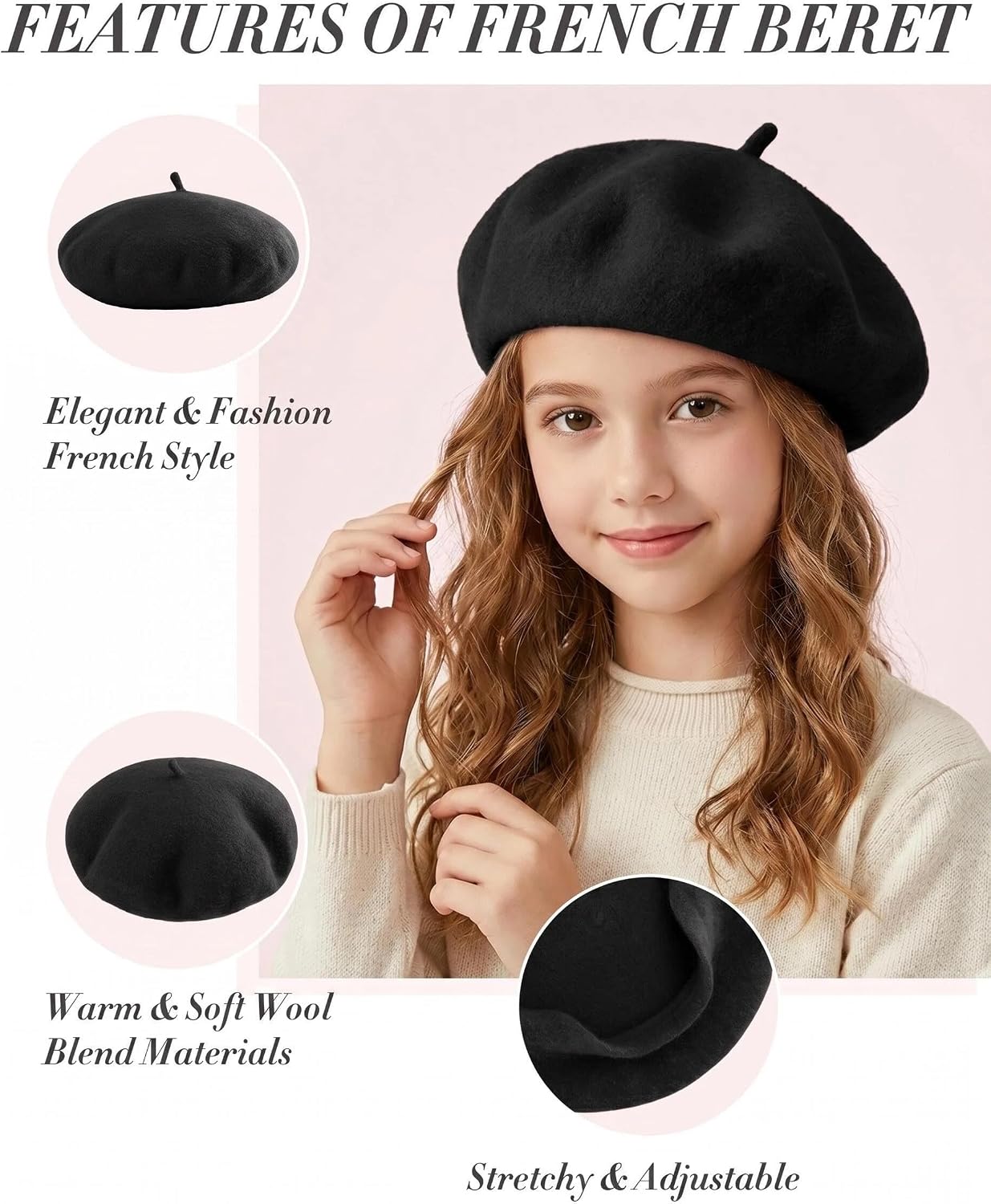 Girls Beret Hats for Kids - French Artist Beret Hat, Soft Wool Cap