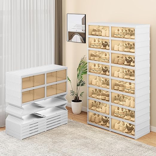 GOOBED 8-Tier Shoe Rack for 32 Pairs, Foldable Shoe Storage Boxes with Magnetic Doors, Easy Assembly Sneaker Organizer for Closet, Entryway, Living Room, Collapsible Shoe Cabinet (White)