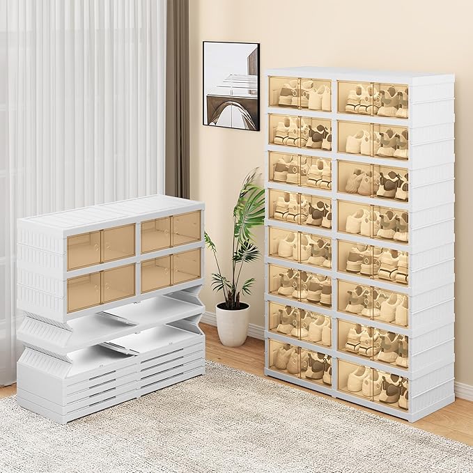 GOOBED 8-Tier Shoe Rack for 32 Pairs, Foldable Shoe Storage Boxes with Magnetic Doors, Easy Assembly Sneaker Organizer for Closet, Entryway, Living Room, Collapsible Shoe Cabinet (White)