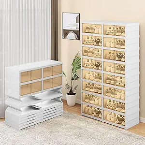 GOOBED 8-Tier Shoe Rack for 32 Pairs, Foldable Shoe Storage Boxes with Magnetic Doors, Easy Assembly Sneaker Organizer for Closet, Entryway, Living Room, Collapsible Shoe Cabinet (White)
