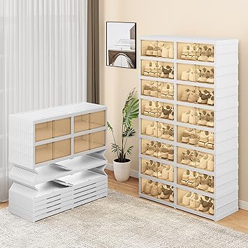 GOOBED 8-Tier Shoe Rack for 32 Pairs, Foldable Shoe Storage Boxes with Magnetic Doors, Easy Assembly Sneaker Organizer for Closet, Entryway, Living Room, Collapsible Shoe Cabinet (White)