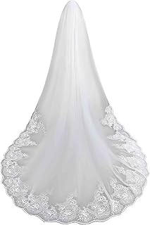 AMAJIERUIZE Womens Wedding Bridal Veil 1 Tier Cathedral Sequin Lace White With Metal Comb (Ivory)