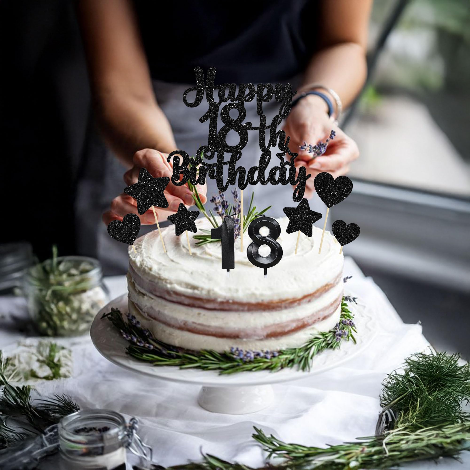 Gyufise 15Pcs Happy 18th Birthday Cake Topper Set with Heart Star Glitter Cheers to 18 Years Cake Picks Number 18 Candles Cake Decorations for Happy 18th Birthday Anniversary Party Supplies Black - Image 4