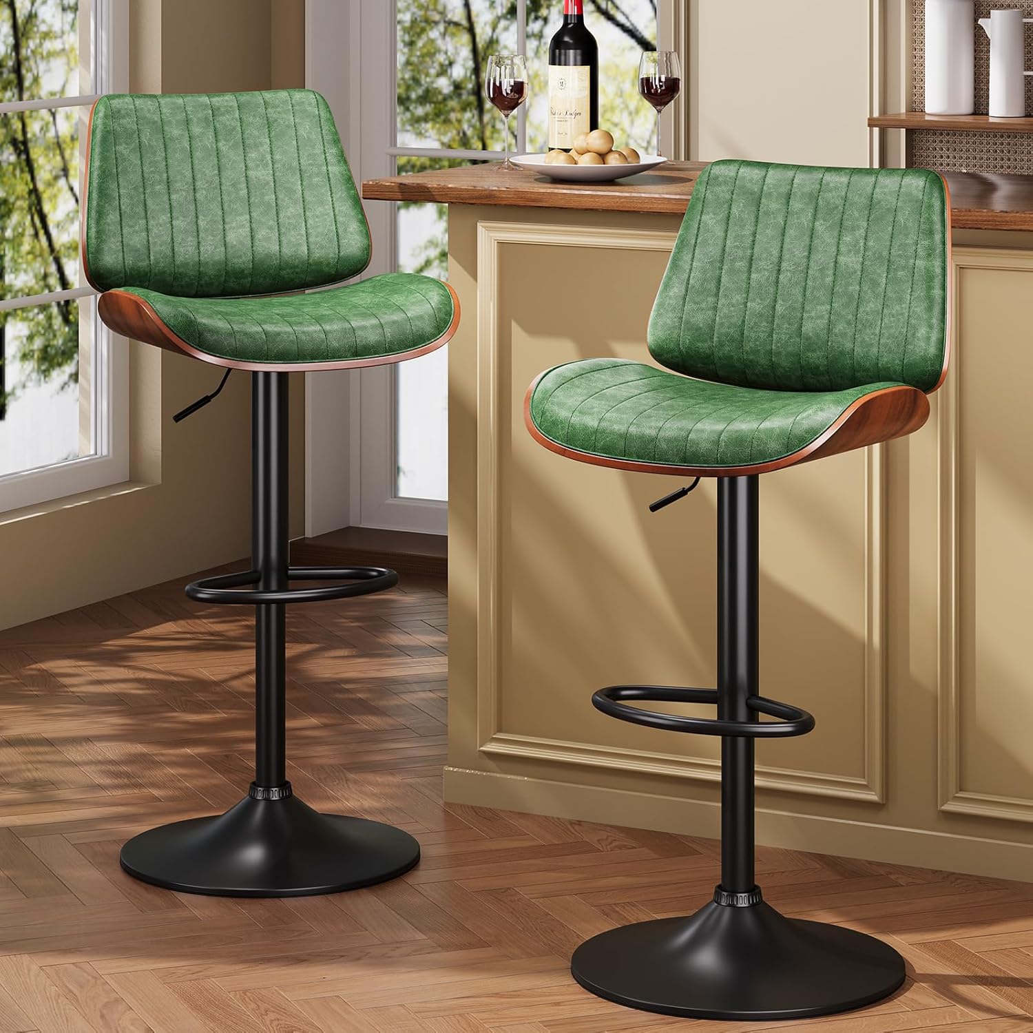YaFiti Bar Stools Set of 2, Swivel Counter Height Barstools with Back, Adjustable PU Leather Bar Chairs, Modern Armless Kitchen Island Stool, Green