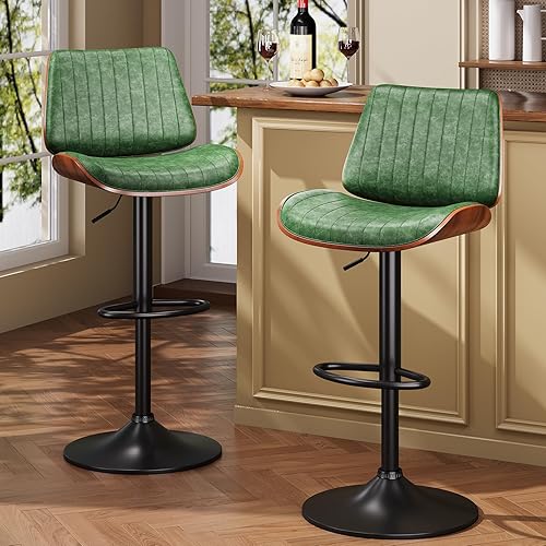 Miniatura 13 de Juego de 2 Taburetes de Bar, Taburetes de Bar para Isla de Cocina con Respaldo de Madera Curvada y Asiento de Cuero, Taburetes Giratorios para Marrón