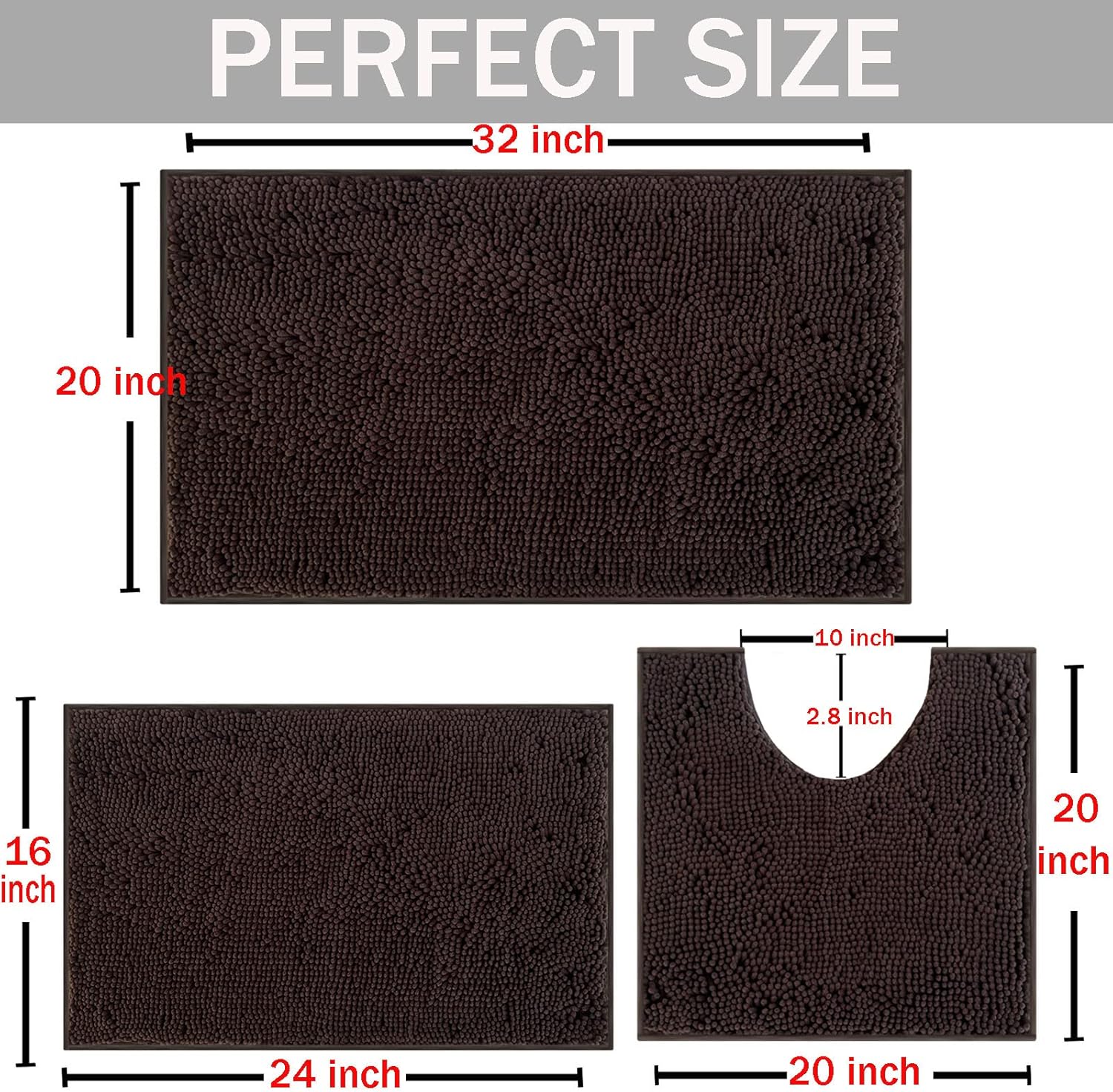 Bathroom Rugs Sets 3 Piece, Extra Soft Absorbent Chenille Bath Rugs, Non Slip Rubber Backing Machine Washable Quick Dry Bath Mats for Bathroom Floor, Tub, Shower, Home Decor Accessories, Deep Brown