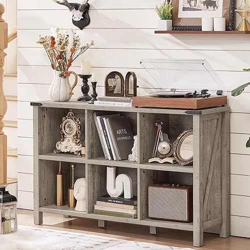 Farmhouse 6 Cube Bookshelf, Rustic Grey Oak Wooden Storage Organizer Book Shelf, 47 Inch Cubby Hallway Bookcase, Kids Toy Storage Cabinet, Modern Open Book Case for Living Room, Hallway