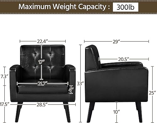 Miniatura 3 de Topeakmart Silla decorativa de mediados de siglo, moderna y acogedora silla de sofá de piel sintética con cojín grueso y patas de madera resistentes