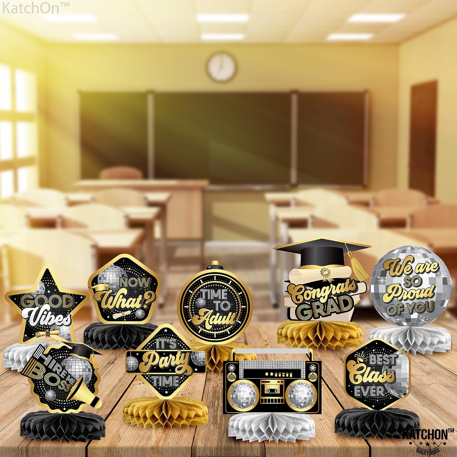 KatchOn, Disco Graduation Centerpieces 2026 - Pack of 9 | Black and Gold Honeycomb Congrats Grad Centerpieces, Graduation Decorations 2026 | Graduation Centerpieces For Tables 2026