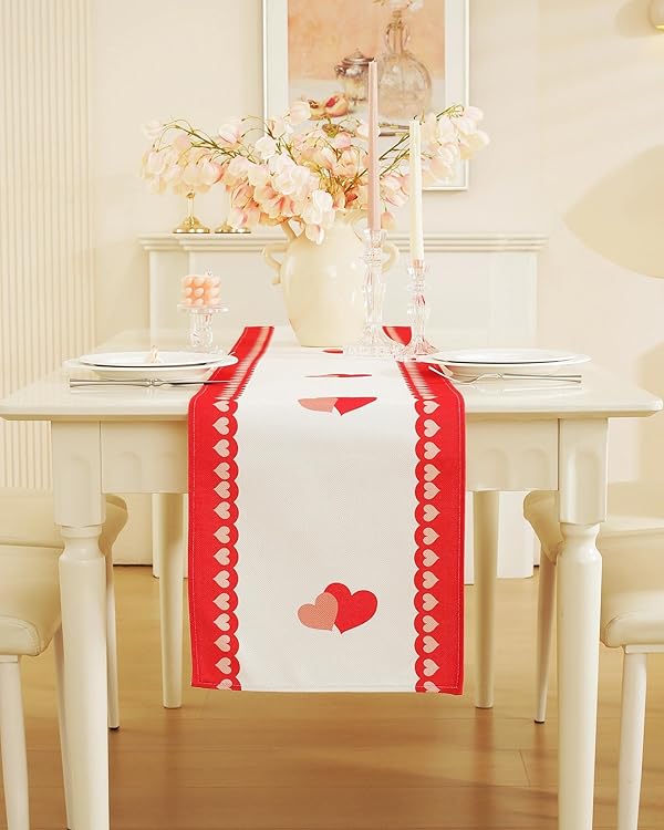 Valentines Day Table Runner 48 Inches Long Valentines Day Decor with Red Pink Heart Table Runner for Birthday, Wedding Anniversary, Marriage Proposals, Engagements, Romantic Events by AILUOQI - Used condition - US$7.86