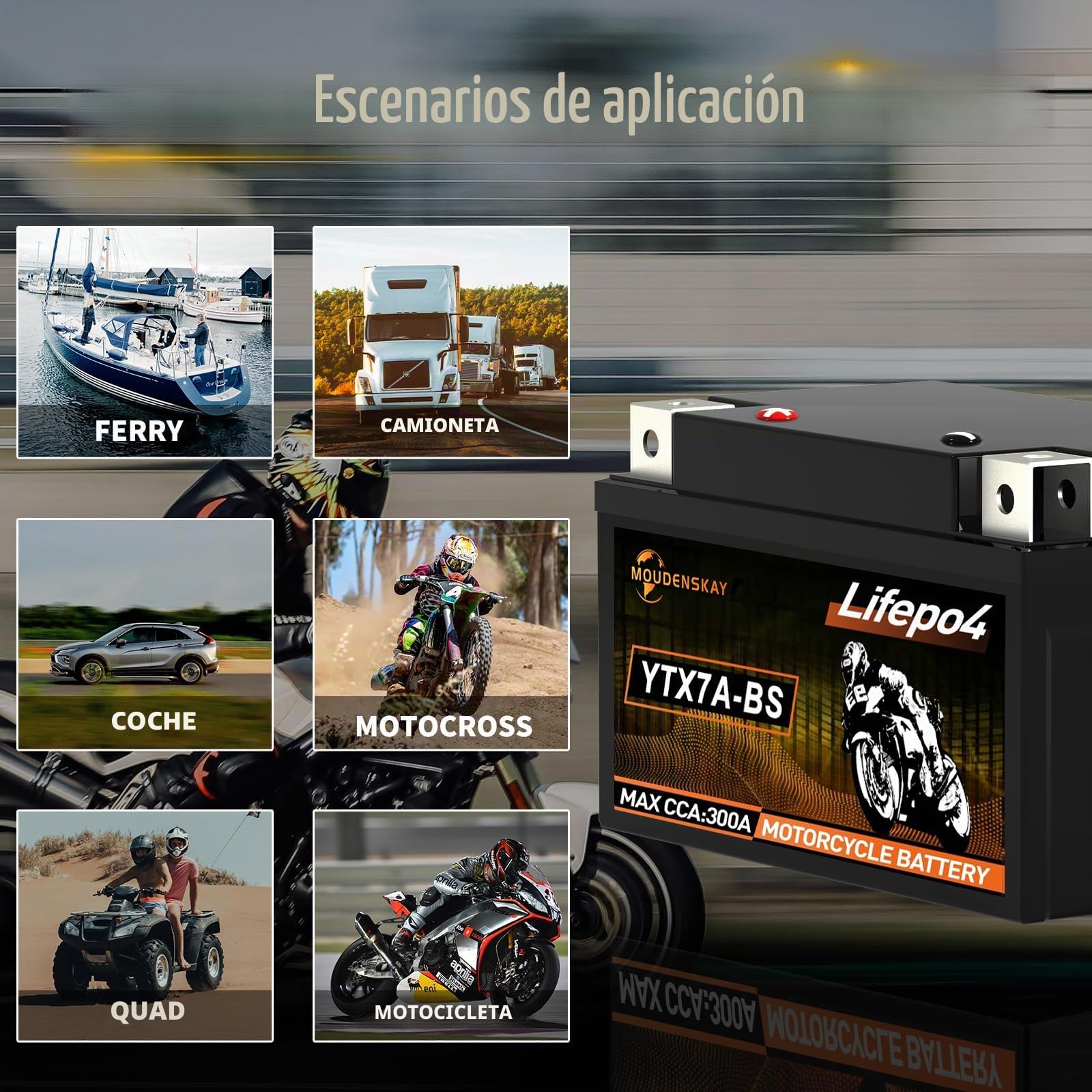 Batería de litio para motocicleta, 12 V, batería de litio Powersports con BMS (YTX7A-BS 12,8 V, 3 Ah, 300 A), batería de arranque LiFePO4 para motocicletas, ATV, UTV, barcos, etc