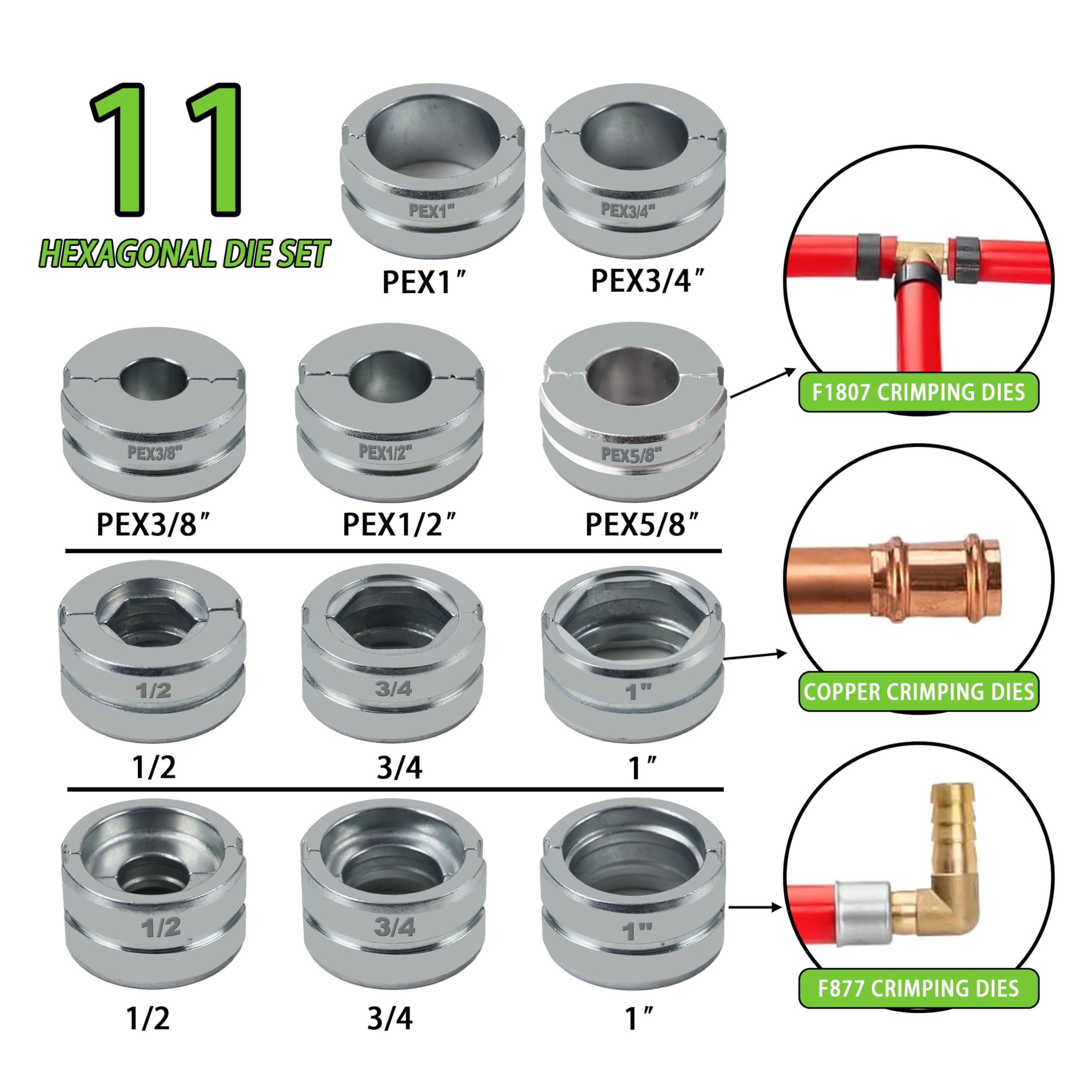 AMZCNC Strumento per pressare tubi con stampi da 1/2,3/4 "per tubi in rame e maniche in acciaio PEX F877, 3/8", 1/2", 5/8", 3/4", 1" stampi per tubi ASTM F1807 Pex Raccordi per tubi ad anello in rame