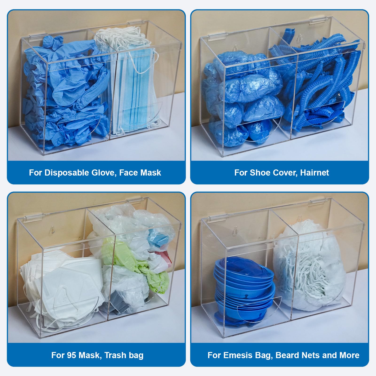 SEANADO Dispenser per guanti in acrilico trasparente con coperchio, 2 scomparti, per reti da barba, retine per capelli, sacchetti di plastica, copriscarpe, montaggio a parete o da tavolo