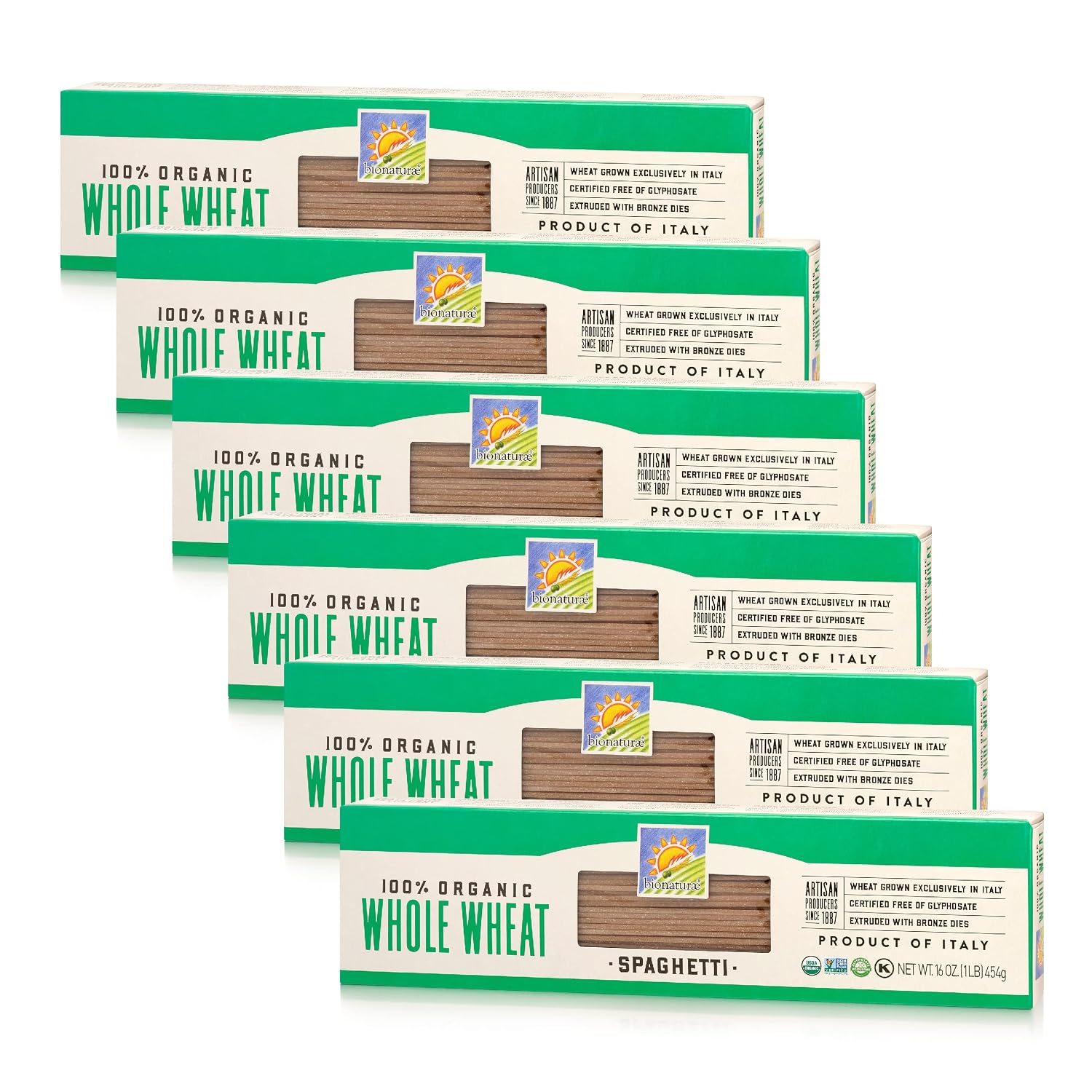 Bionaturae Spaghetti Pasta Noodles - Whole Wheat Pasta, Kosher Certified, High Protein, Non-GMO, USDA Certified, Whole Wheat Spaghetti, Spaghetti Pasta Organic, Crafted in Italy - 16 Oz, 6 Pack