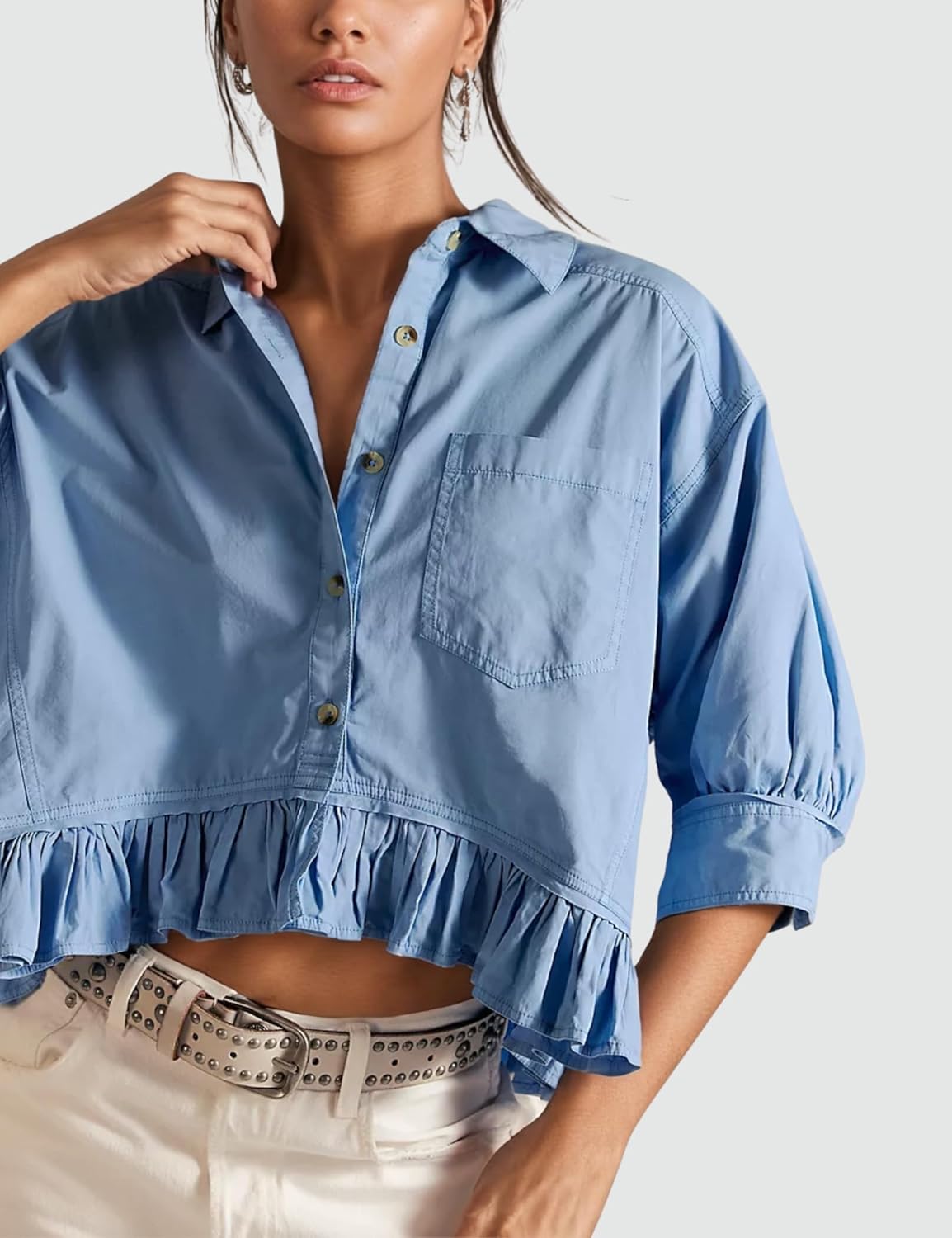 InterNos Womens Striped 3/4 Sleeve Blouse Loose V Neck Button Down Ruffled Hem Vertical Shirt Top with Pocket - Image 5