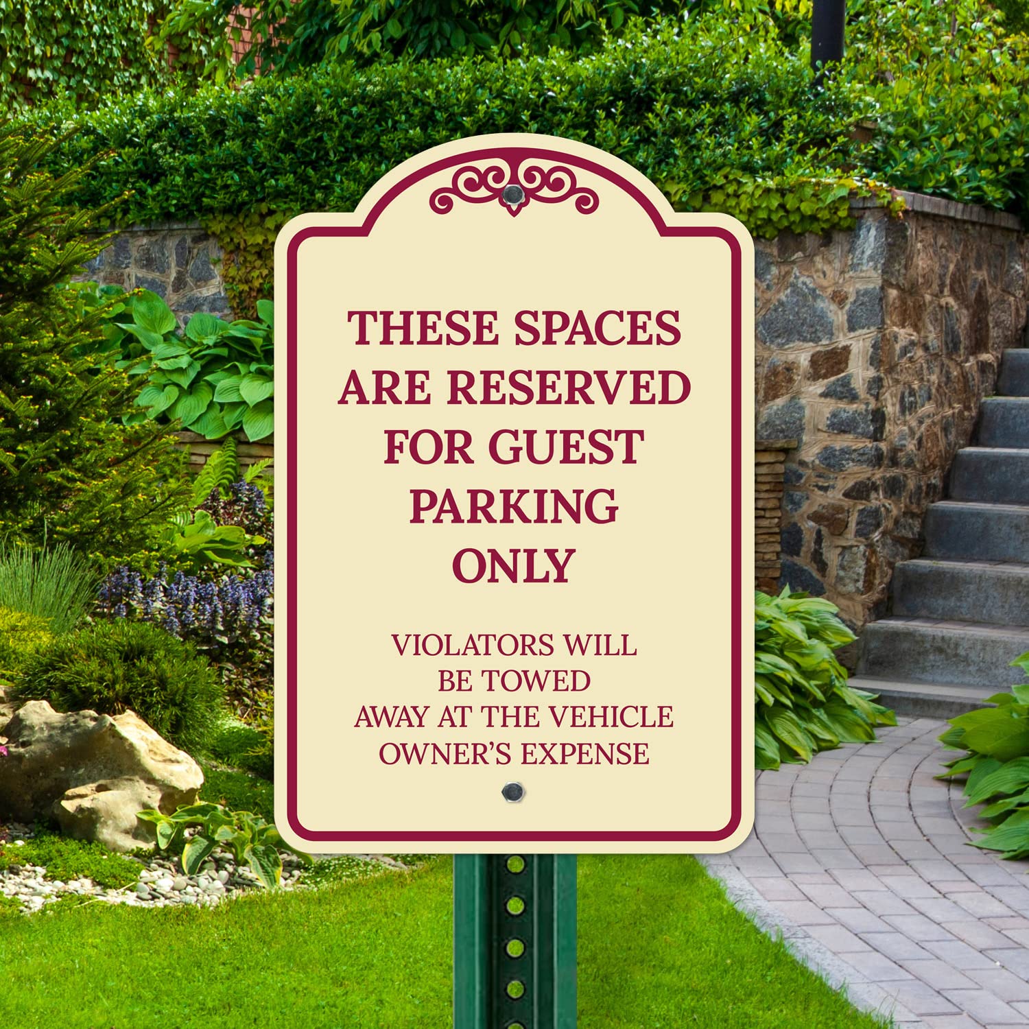 These Spaces are Reserved for Guest Parking Only Violators Will Be Towed Away Décor Sign, Burgundy Light, 12x18 Inches, ACM, Fade Resistant, Made in USA