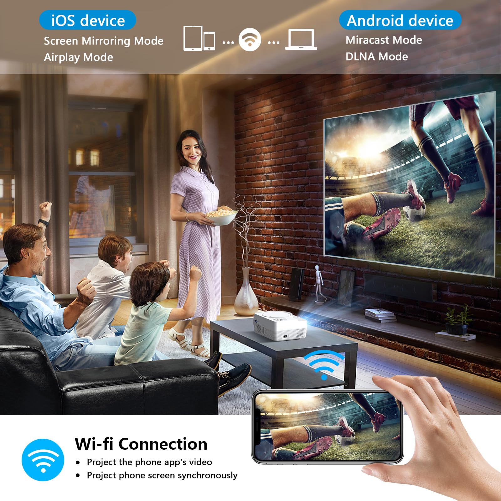 Full HD WiFi Bluetooth Projector Built in DVD Player, 12000LM 1080P Supported, Portable Mini DVD Projector for Outdoor Movies, 250" Home Theater, Compatible with iOS/Android/TV Stick/PS4/HDMI/USB/TF — Amazon image 5