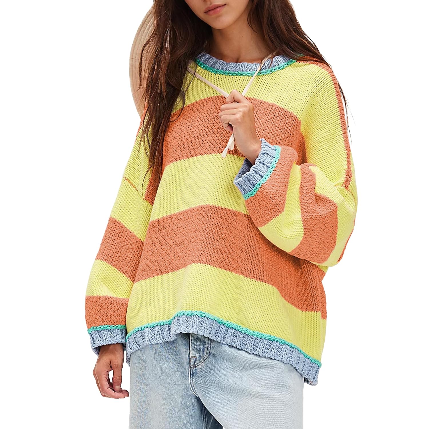 Songling Women Tops Casual Color Block Striped Long Sleeve Cute Outfits Knit Summer Fashion Clothing Pullover Sweaters