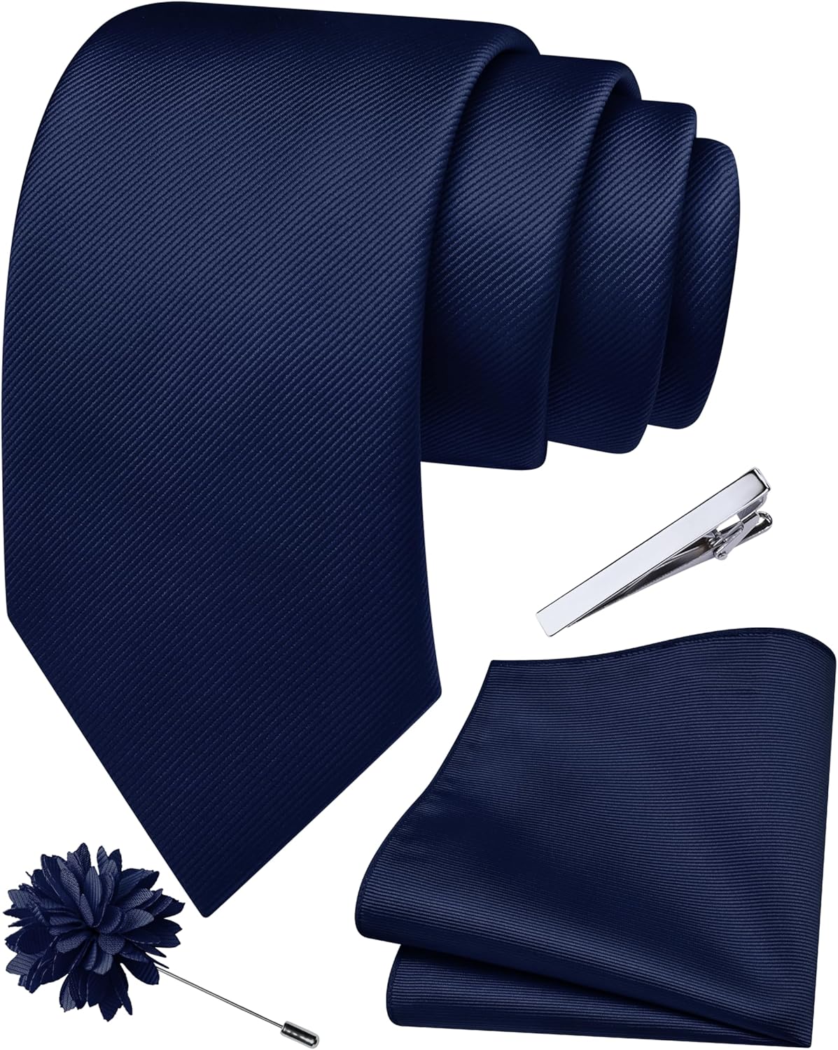 Branduce 3.15"?8cm? Solid Formal Tie and Pocket Square Plain Necktie Lapel Pin and Tie Clip Set for Men Navy Blue