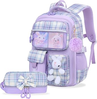 NSEQB Kids School Backpack Set for Elementary Girls,Kawaii Girls Backpack | kawaii backpack,cute bunny bookbag,cute Rabbit schoolbag,for kindergarten,for Primary,girls backpack
