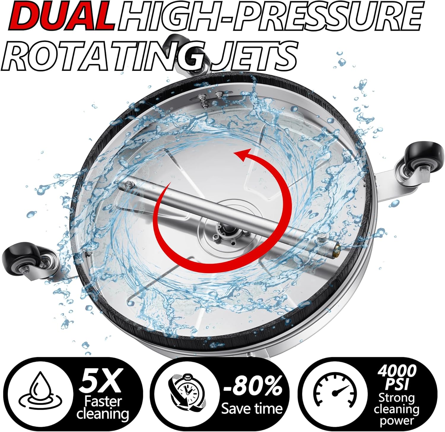 16" Pressure Washer Surface Cleaner Pro with 4 Wheels, Stainless Steel 2 Extension Wands, Power Washer Surface Cleaner Hot Water Supported for Patio Decker Concrete Driveway, 3000 PSI