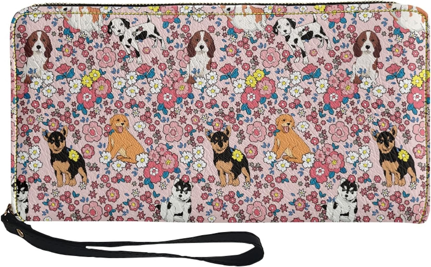 Womens Zip Animal Wallet Dog Floral Print Leather Wristlet Slim Travel Large Capacity Long Pink Leather Clutch Wallet