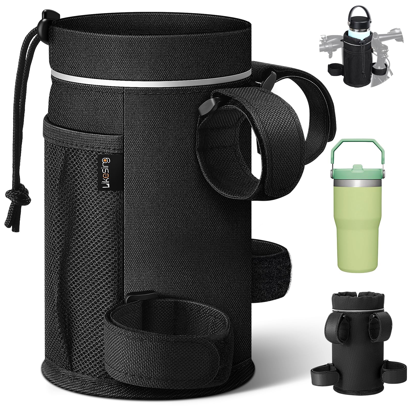 Likesing Bike Water Bottle Holder, Bicycle Cup Holder with Mesh Pocket, Universal Cycling Water Bottle Bag Drink Cup Cage for Scooter Stroller