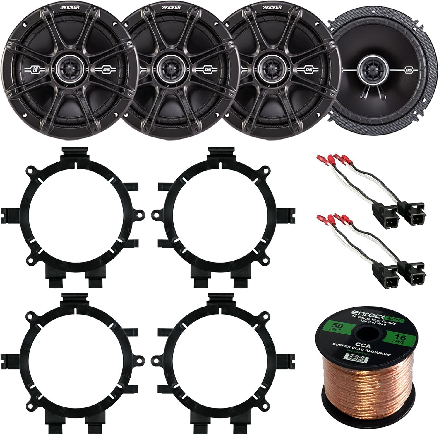 Car Speaker Bundle Combo: 2 Pairs of Kicker 43DSC6504 6.5" Inch 480 Watts 2-Way D-Series Black Car Stereo Coaxial Speaker W/Adapter Brackets + Wiring Harness + Enrock 50 Foot 16 Gauge Speaker Wire