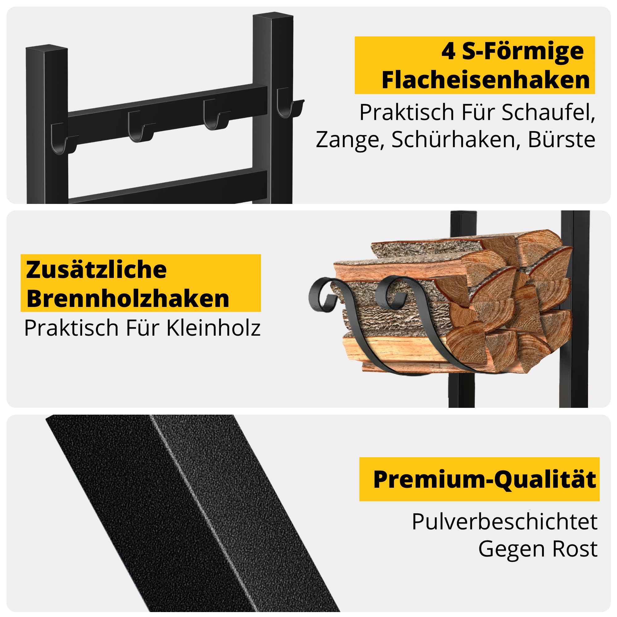 Amagabeli XXL Kaminholzregal mit 4 Kaminwerkzeug 90cmx78cmx33cm Großes breites Brennholzregal Kaminwerkzeugregal für Innen Außen Anzündholzhalter Holzlager Ständer Werkzeuge Herdzubehör Schwarz