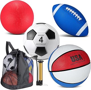 DEEKIN 4-Piece Kids Sports Balls Set: Official Size Basketball, Soccer, Football, Playground Ball w/ Pump & Bag - Bright Colors for Teens