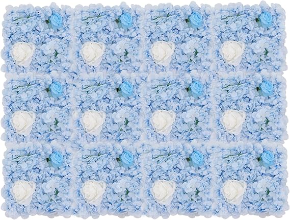 12Pcs Artificial Flower Wall Panel 3D Floral Backdrop Walls15 X 15 Flower Wall Decor Panel Flower Backdrop for Party Home Background Decor, Blue & White