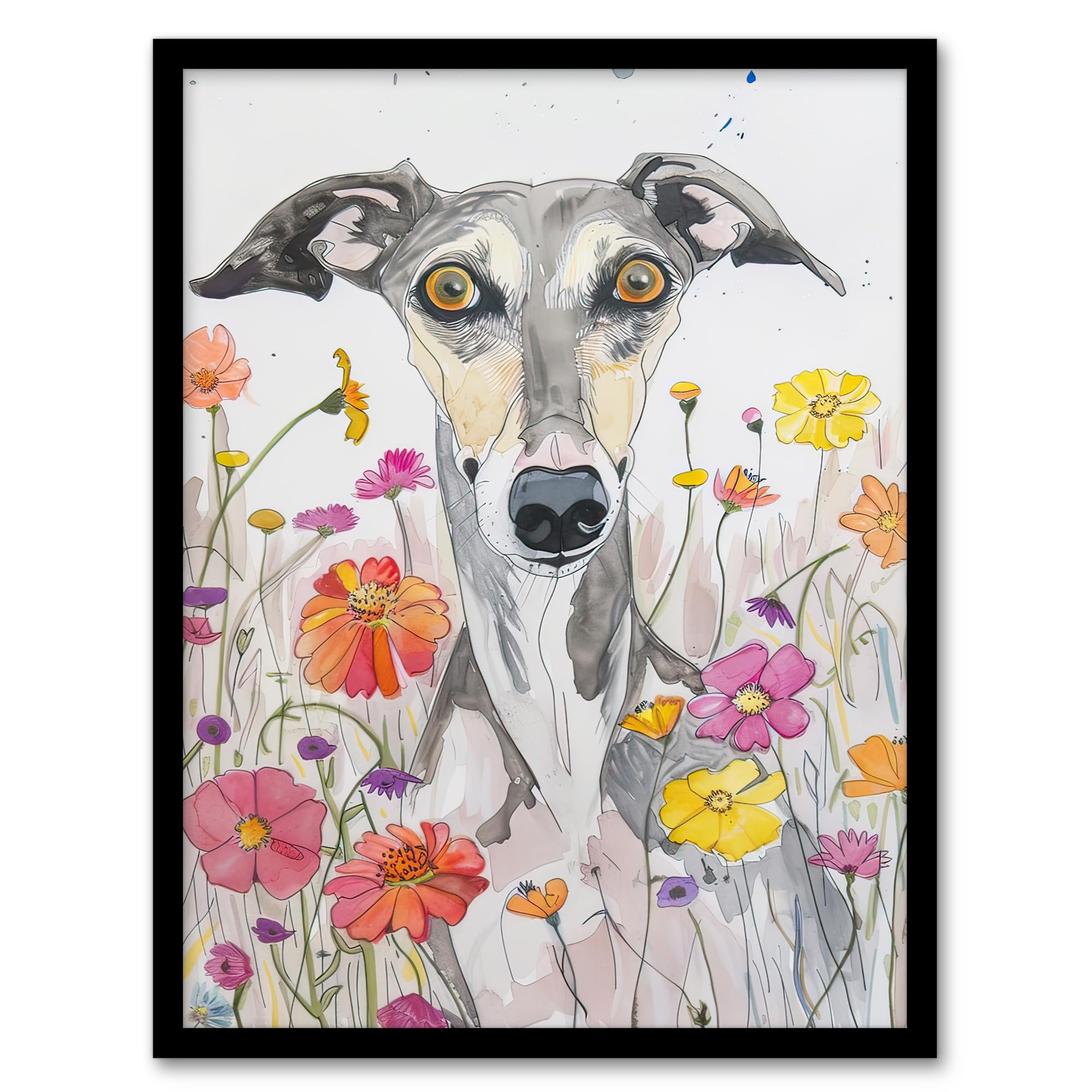 Artery8 Cute Whippet in Wildflowers Dog Lover Watercolour Living Room Artwork Framed Wall Art Print 18X24 Inch