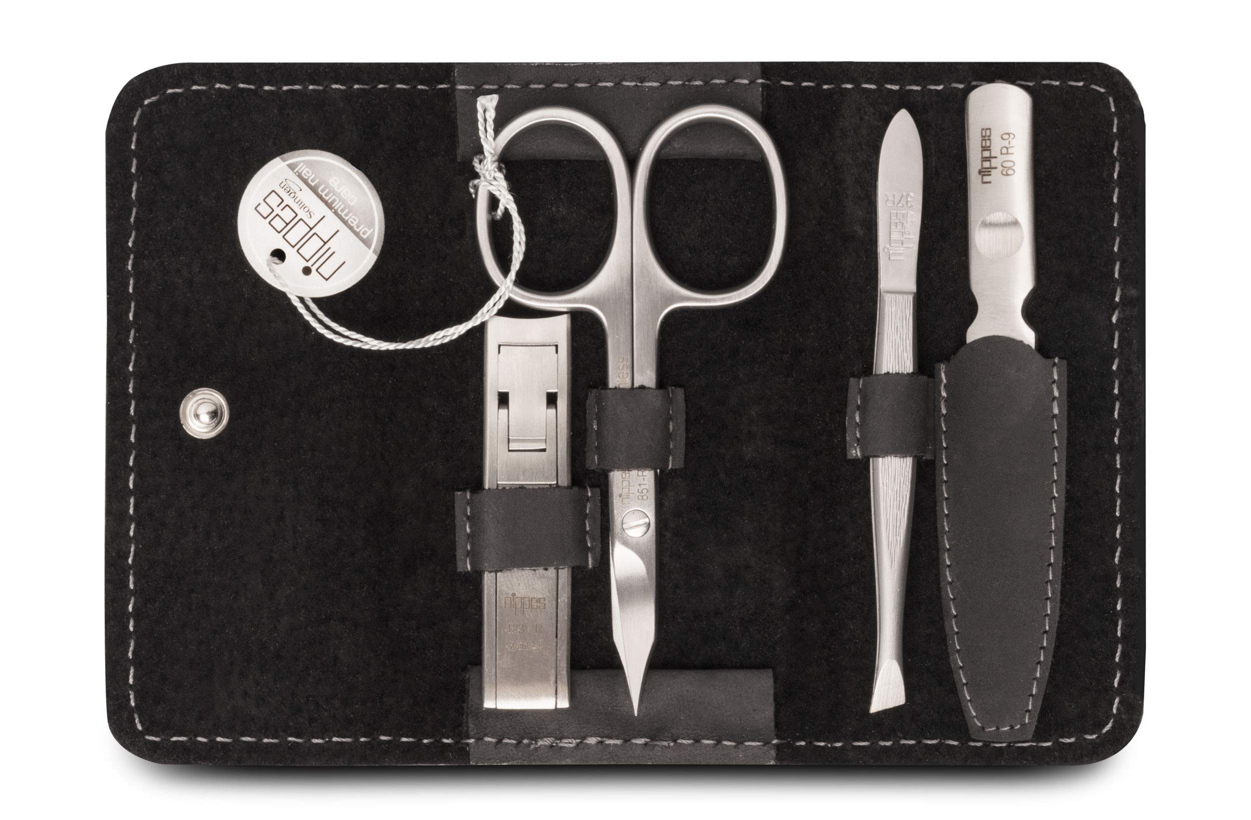 nippes SolingenPremium Line Tabard Manicure Set, 4 Pieces, Black, Stainless Steel, Nickel and Rustproof, Cowhide Nail Case, Nail Care Set, Made in Germany